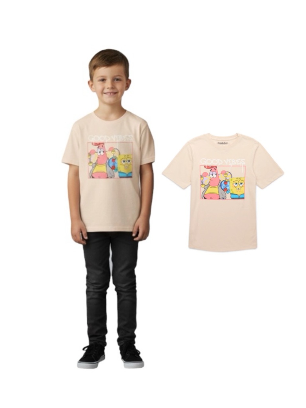 Nickelodeon Beige Short Sleeve Tee with SpongeBob & Patrick Good Vibes Graphic